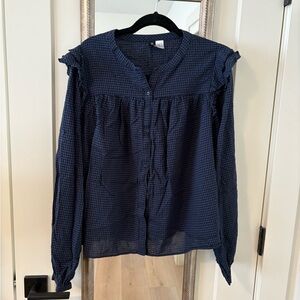 H&M Navy Gingham Button-Front Ruffle Shoulder Blouse